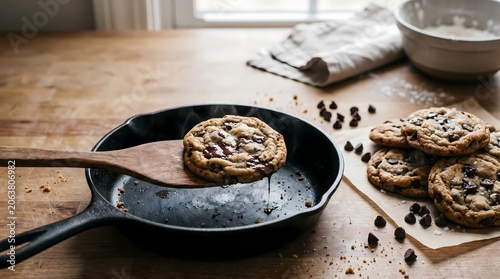 Delicious chocolate chip cookies on a wooden table with a cast iron skillet and baking sheet