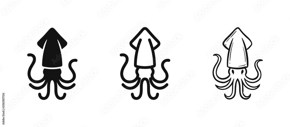 Fototapeta premium Squid Icon Set with Solid, Outline, and Hand-Drawn Styles