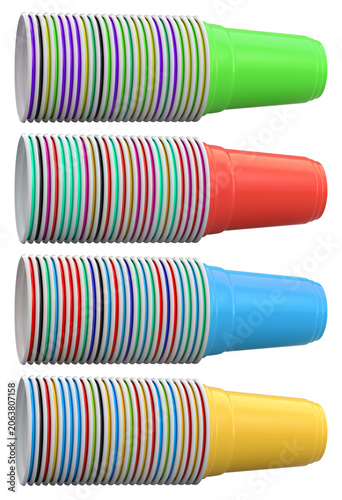 Set of colorful plastic cups isolated on white background, concept of party supplies