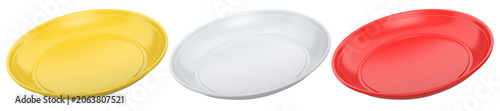 Set of colorful plastic plates isolated on a white background. Concept of tableware variety