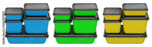 Stacked plastic food storage containers with black lids, isolated on white background, concept of organized storage