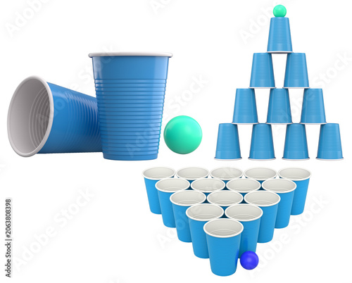 Set of plastic cups and colorful ping pong balls isolated on white background, concept of party games and fun