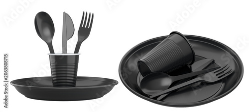 Set of colorful plastic tableware sets with plates, cups, and matching cutlery isolated on white background,