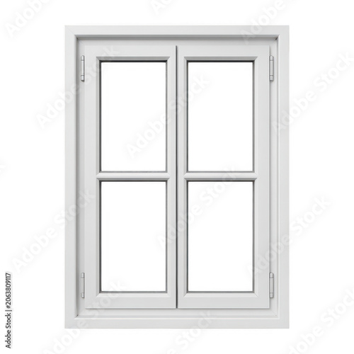 A white wooden window frame with four glass panes, featuring a classic rectangular structure, isolated on a white background, for architecture