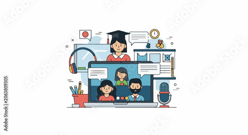 A woman wearing a graduation cap sits at a laptop with a video call on the screen