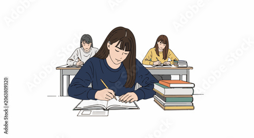 A young woman with long brown hair and bangs sits at a desk writing