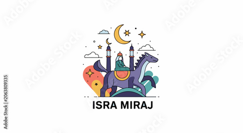 Photos Colorful illustration of a person riding horse with buildings and crescent moon