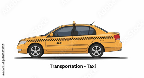 A yellow taxi car with black and white checkered stripe