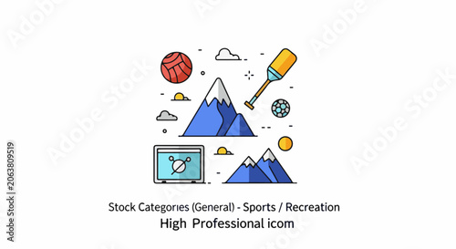 Colorful illustration of sports equipment and mountains
