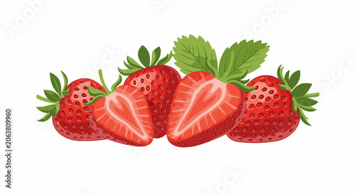 Fresh strawberries with green leaves on a white background