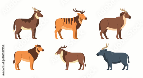 Six stylized animal illustrations with varying coat patterns and colors
