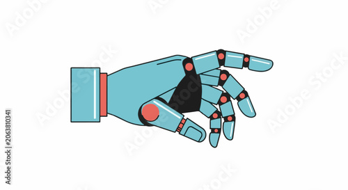 A blue robotic hand with red joints and a white background