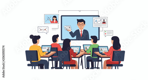A cartoon graphic of people sitting around a table with laptops participating in a virtual meeting