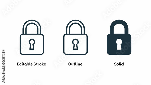 Three padlock icons in varying styles showcase editable stroke outline and solid fill versions locks security protection safety privacy