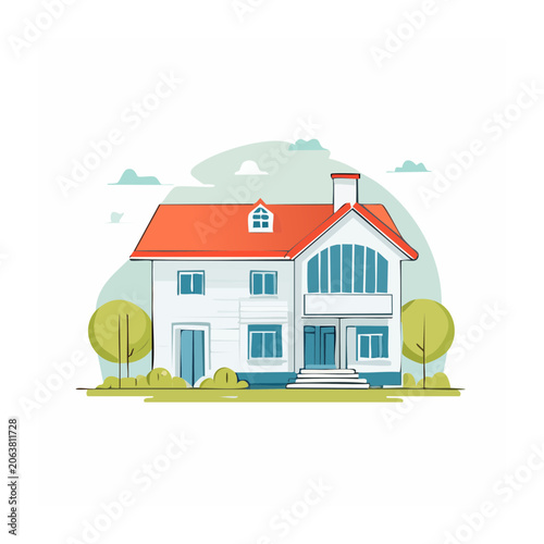 Flat design illustration of a red and blue house