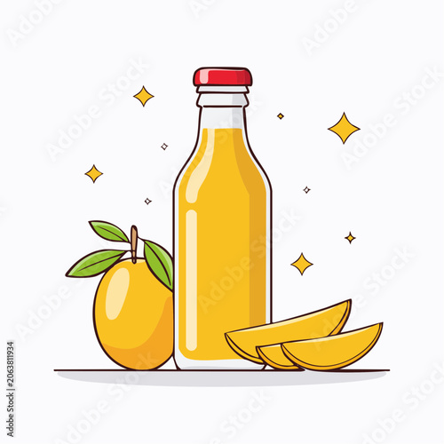 Mango Juice Bottle with Fruit Slices and Whole Fruit