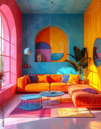Vibrant colorful living room interior design.