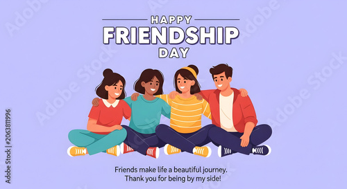 Group of friends sitting together on lavender background for friendship day