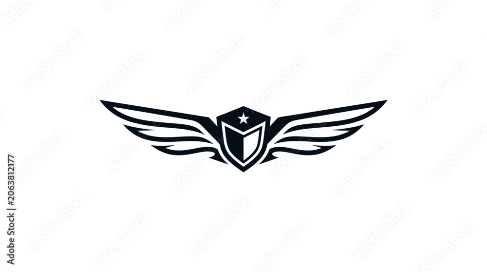 Obraz premium Black and white emblem with shield and wings on white background