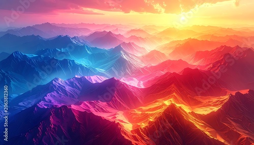 Vibrant colorful mountain range landscape sunset.