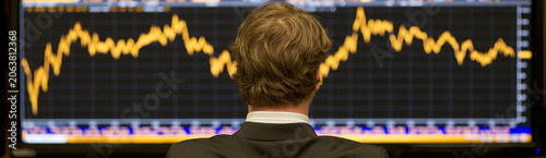 An economist presents a detailed report on hedge funds versus traditional investments, with charts on a large screen and plenty of copy space around.