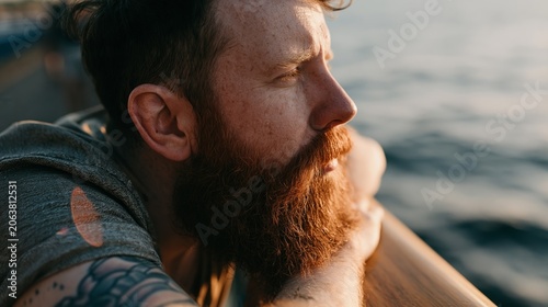 Contemplative Bearded Man with Tattoo on Forearm, Sitting by Water at Sunset