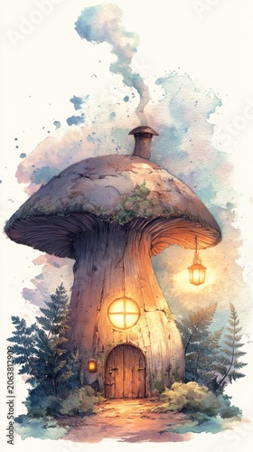 Tall watercolor mushroom cottage with glowing window and hanging lantern for fairy tale poster background and wallpaper design