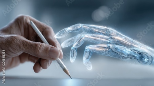 Human hand drawing with pencil beside futuristic mechanical hand interaction concept