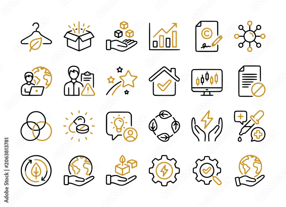 Fototapeta premium Sustainable business line icons set, eco-friendly industry and corporate social responsibility vector symbols, 24 green energy and ethics signs