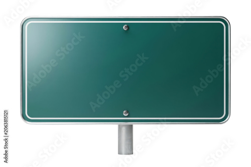 A rectangular green metal road sign with a white border and two silver bolts, isolated on a white background, for traffic signage use