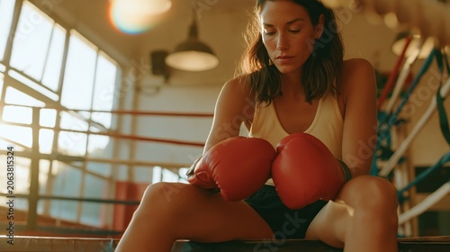 Woman Boxer Training, Sweat-drenched Gym, Intense Concentration