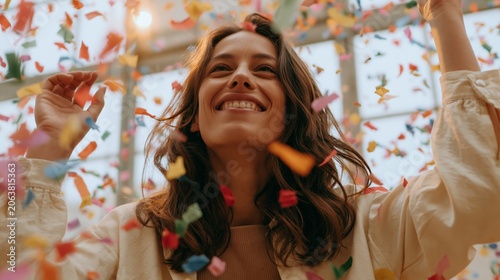 Joyful Woman Celebrating with Colorful Confetti