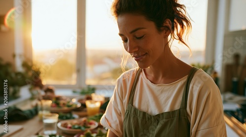 Woman chef in kitchen, preparing food.