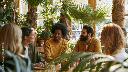 Harmonious Gathering in a Tropical-Themed Cafe