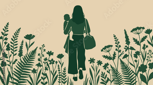 Bild auf Leinwand Mother and baby walking through nature, botanical silhouette illustration