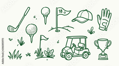 Картината върху платно Collection of hand-drawn golf icons including a golf club, balls, tees, flags, a golf cart, a trophy, and a cap