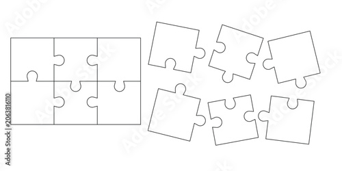 Outline unassembled puzzle 6 pieces blank frame. Template shape of Jigsaw puzzle pieces. Unassembled, disjointed, scattered, broken Frame puzzle pieces. Stock vector illustration isolated 