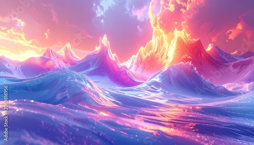 Vibrant Ocean Waves at Sunset Horizon.