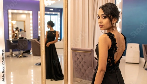 Woman in elegant black gown poses, glancing over shoulder, hair up, salon setting, mirror