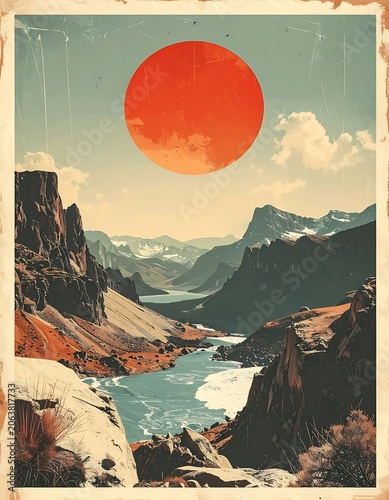 Vintage poster of mountain landscape river.