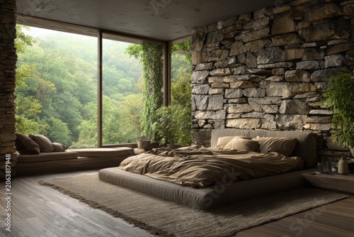 Modern bedroom blends stone, wood, and nature for serene retreat.