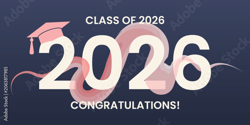 Tableau sur toile Class of 2026 graduation banner with academic cap and pink abstract background