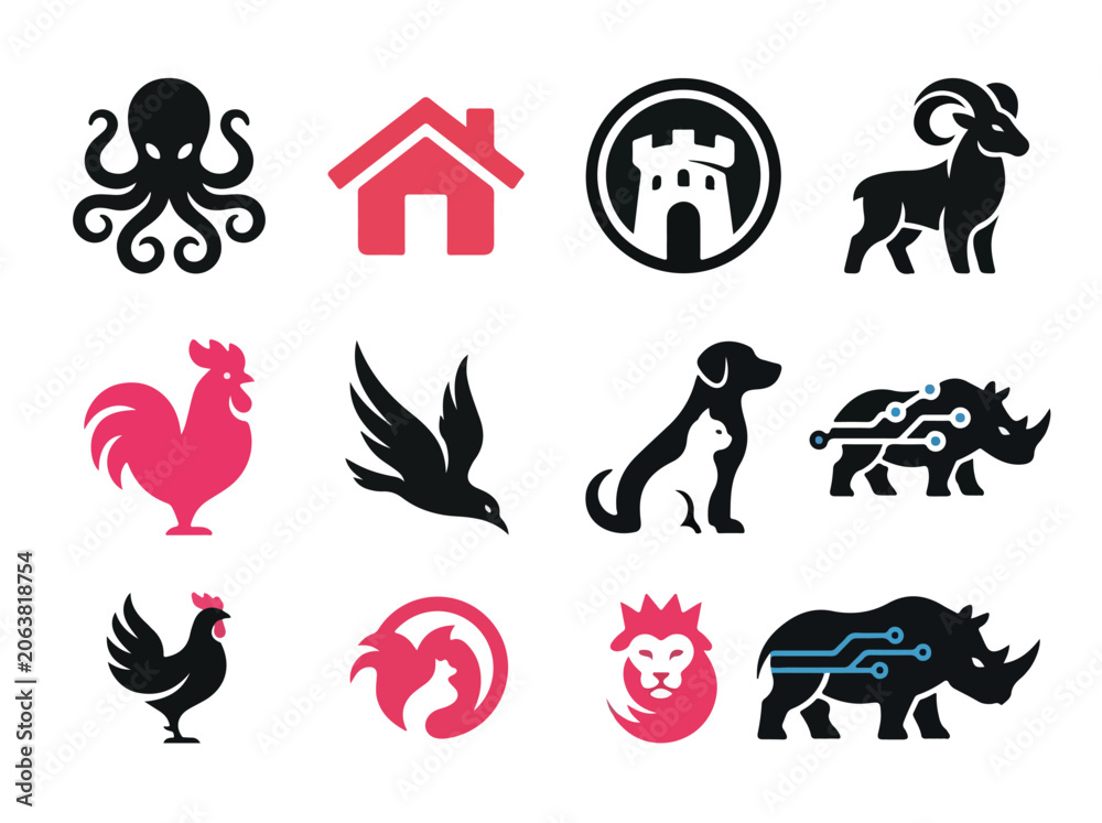 Fototapeta premium Collection of Twelve Minimalist Animal and Symbolic Logo Design Icons in Black and Pink.