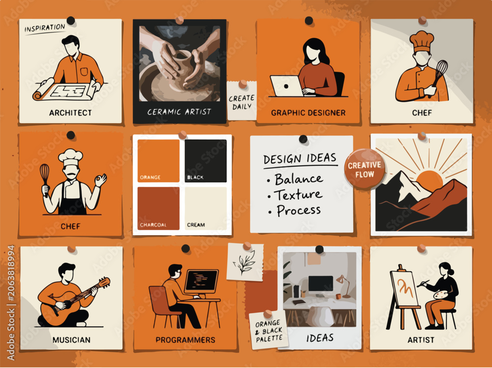 Fototapeta premium Creative Mood Board Illustration with Various Professions and Design Ideas in Orange and White Theme.