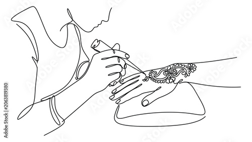 Continuous line drawing of a tattoo artist at work.