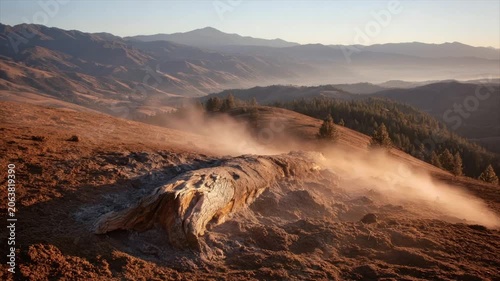 Mountain landscape with sunlight illuminating the hills, dust, and trees with a large log in foreground