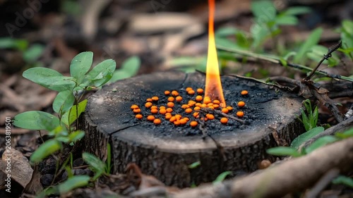 A small fire burns on a tree stump, with orange spheres within. Green foliage surrounds it
