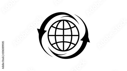 Black and white globe with circular arrows for global connection