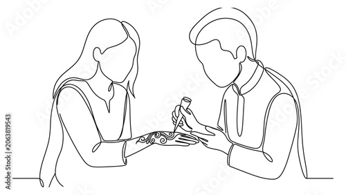 Continuous line drawing of a man and woman holding a small gift.