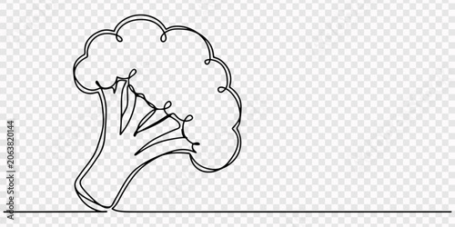 One continuous line illustration of an Broccoli vegetable, isolated on white background, broccoli vegetables continuous one line drawing, One line drawing of a fresh broccoli floret, minimalist